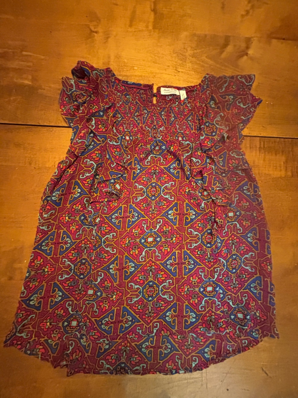Meadow Rue by Anthropologie Pink and Blue Geometric Ruffle Sleeve Blouse